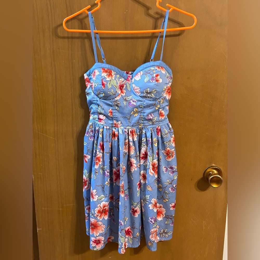 Land of the Free Blue Floral Bustier Dress Spaghetti Strap Fit & Flare Size M